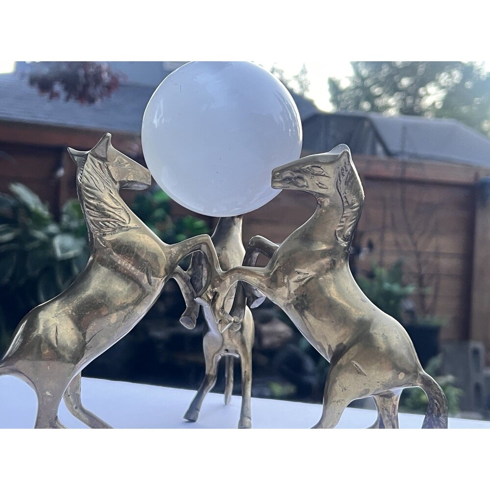 Solid Brass 3 Rearing Horses Genuine Crystal Ball Sculpture MCM 7.5” 4lb